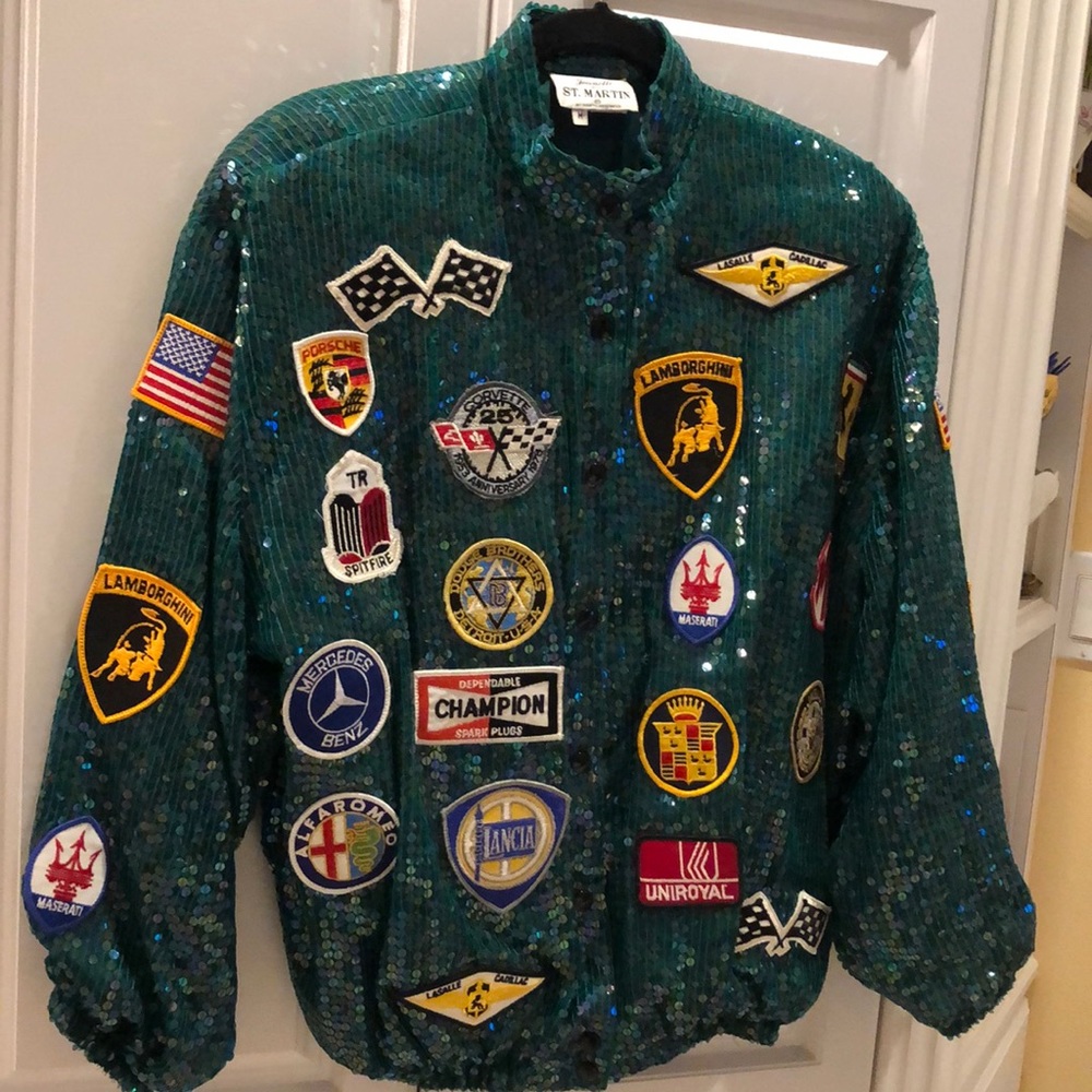 💚Jeanette St. Martin Sequins Moto auto brand car racing companies patches Jacket